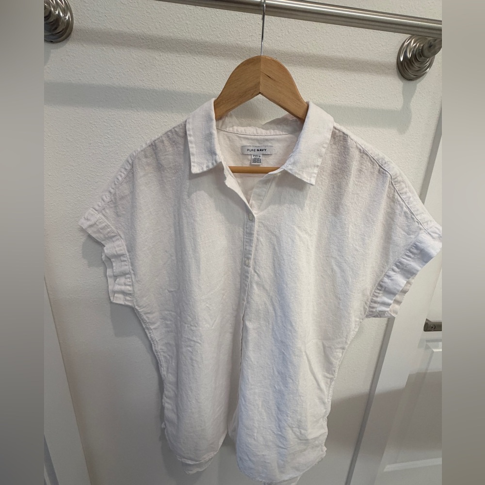 Pure Navy Brand - Casual White Button-Up Cotton Shirt with Cap Sleeves - Picture 3 of 9